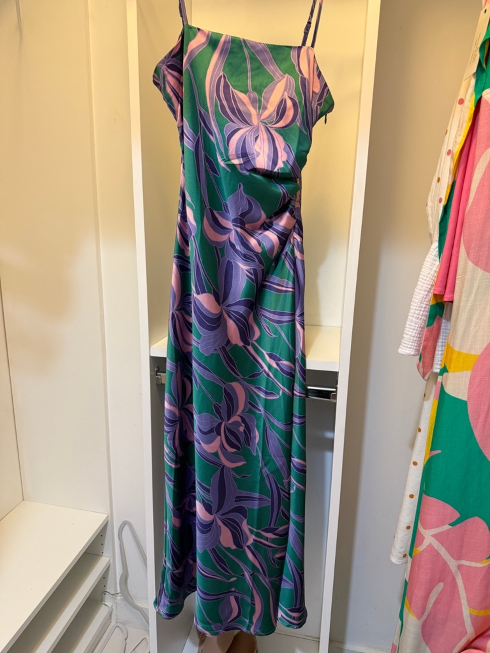 House of Harlow 1960 Green and Purple Floral Satin Slip Maxi